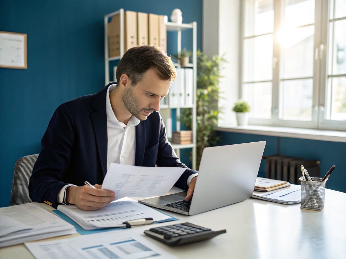 Financial accountant analyzing balance sheets and corporate ledgers