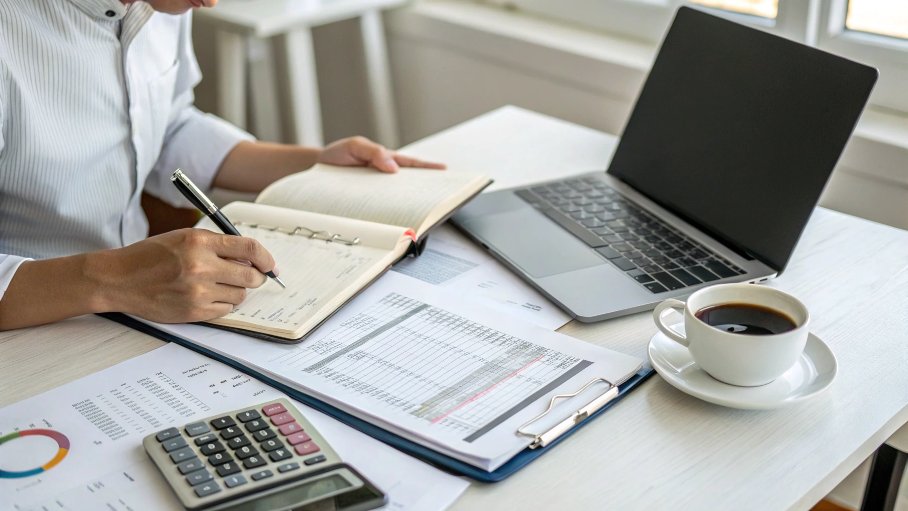 Executive accounting desk with financial ledgers, reports, and analytical charts