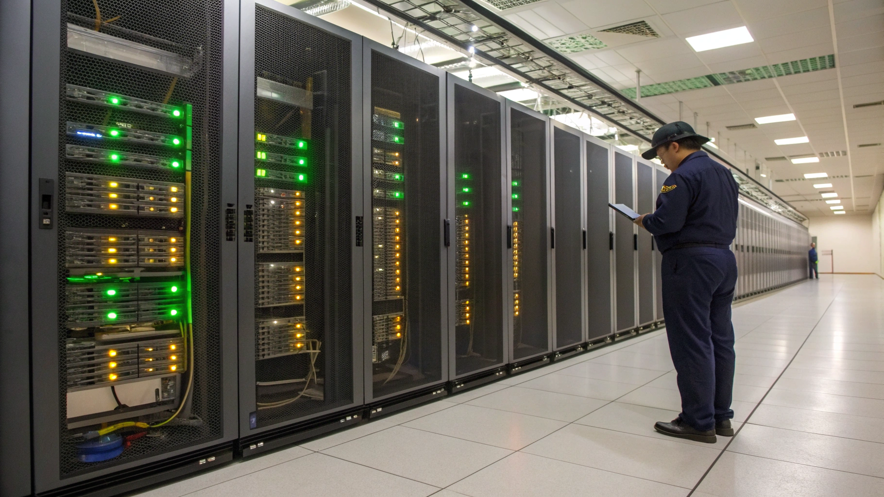 Modern enterprise data center with server racks and network infrastructure